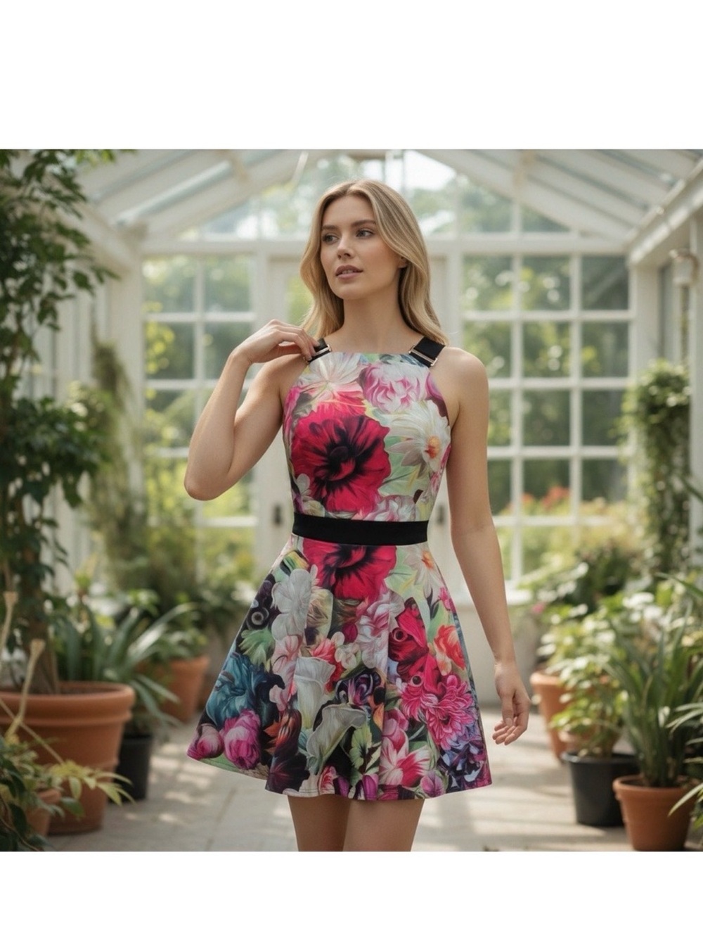 Ted Baker Multicolor Floral Mini Dress with Black Waist Detail 6/US size 12-14